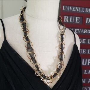 Gold hoop chain with black ribbon necklace